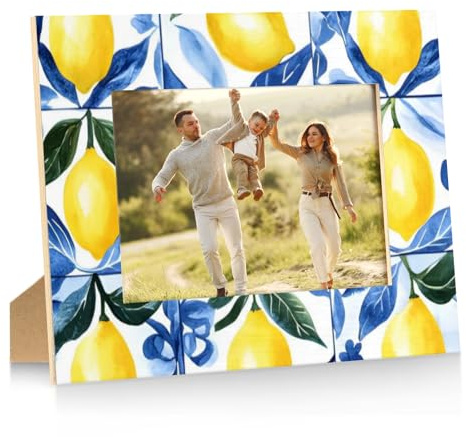 Mintoprints Lemon - Cornice portafoto in legno con piastrelle blu, 10 x 15 cm, per esposizione da tavolo e montaggio a parete, cornice verticale da 10 x 15 cm