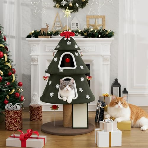 STILLCOVE Großer Weihnachtsbaumturm für den Innenbereich, modernes robustes Katzenhaus mit Kratzbaum und Spielzeug für Weihnachtsdekorationen