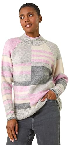 Roman Originals Stripe Colour Block Knitted Jumper for Women UK - Ladies Everyday Autumn Winter Funnel Neckline Comfy Soft Evening Vacation Work Party Night Out - Light Grey - Size 16