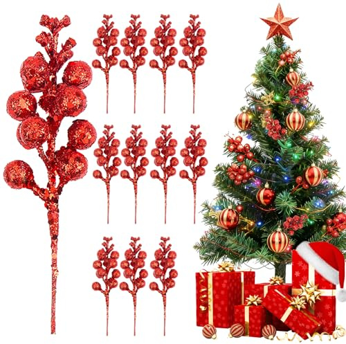 Zweige Deko Weihnachten, 12 PCS Stäbchen Weihnachten Glitzer Beeren Stiele, Rote Beeren schmücken Weihnachtsbaum, Weihnachtsbaum Deko Biegbar, für Baum DIY Handwerk Hochzeit Winter Kranz (Rot)