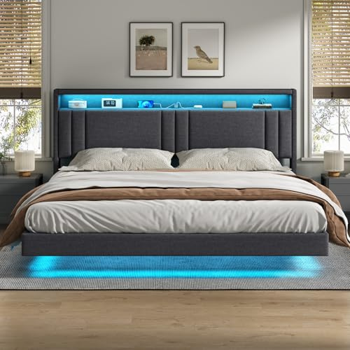 Polsterbett 180x200 cm, Schwebebett, Bettrahmen mit LED-Beleuchtung, Ladestation, Doppelbettgestell, Bettgestell mit Kopfteil, Bett, Schwebender visueller Effekt, für Schlafzimmer, Leinenstoff Grau