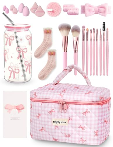 Beauty-Geschenkset für Mädchen 12 Jahre, 26-teilig (Rosa) | 500ml Glasbecher mit Schleife, Kosmetiktasche, 10 Schminkpinsel, Socken und Haarband, Für 9-16 Jahre