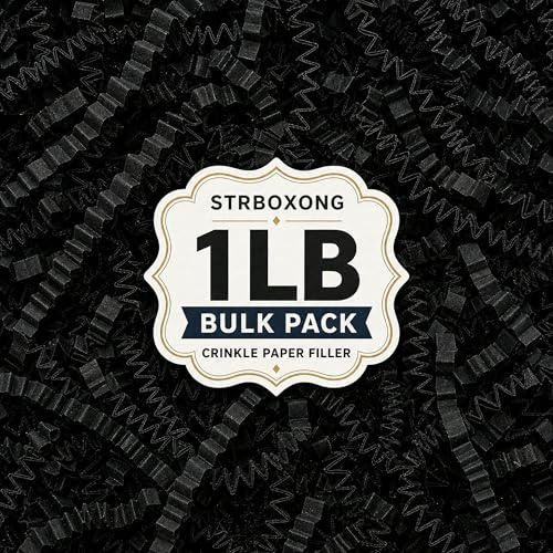 STRBOXONG 1LB (455g) Black Shredded Tissue Paper for Packing Gift Boxes - Premium Crinkle Cut Gift Box Filling Shredded Paper, Plastic-Free Recyclable Hamper Fillers for Packaging, Crafting & Gifting