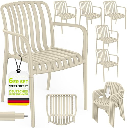tillvex® Gartenstühle 6er Set Stapelbar Wetterfest mit Armlehne bis 120kg | Outdoor Stühle UV-beständig | Gartenstühle Balkonstuhl Outdoor Kunststoff | Terrassenstuhl Gartenmöbel Balkon Garten Terrasse