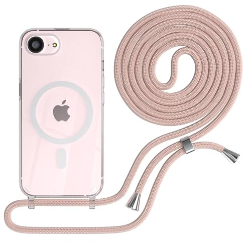 EAZY CASE - Handykette kompatibel mit iPhone 17e Kette zum Umhängen Stoßfest Handyhülle für iPhone 17e Silikon Hülle mit Band Handytasche Transparent als Fallschutz in Rosé-Gold