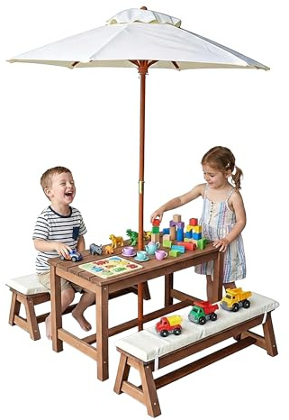 Relaxdays Kindersitzgruppe für draußen, braun | Garten Picknickbank mit Schirm & Kissen, Holz, Gartengarnitur für Kinder