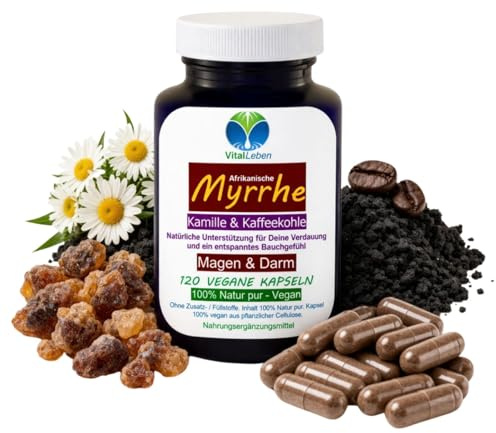 Myrrhe Kamille Kaffeekohle vegan 120 Kapseln für Verdauung, Magen-Darm-Balance, gutes Bauchgefühl, Darmflora, natürliche Darmgesundheit. Pflanzlich, ohne Zusatzstoffe 27415-120