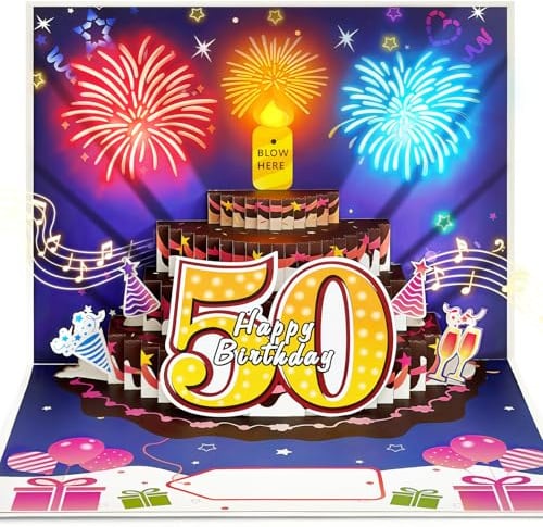 YianHien Geburtstagskarte 50 Frau Mann mit Musik und Lichteffekt | 3D Pop-Up Karte, Ausblasbare Kerze, Happy Birthday Geburtstagsgeschenk für Frauen und Männer