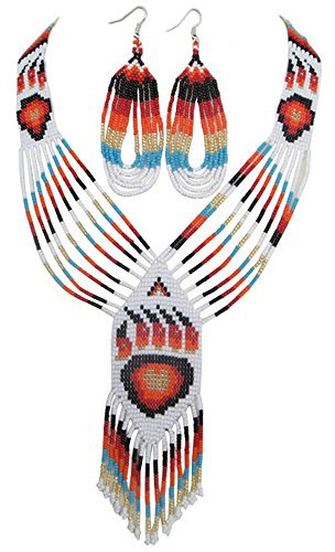 Viva RED WHITE GOLDEN BEADED BEER PAW BEADWORK LARIAT NECKLACE EARRINGS JEWELRY 38/11