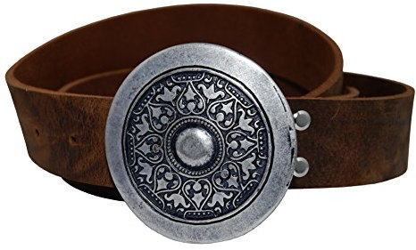 Wolfszeit Wikingergürtel (altmessing) - Wechselgürtel mit Wikingerschnalle - braunes Büffelleder (120cm)