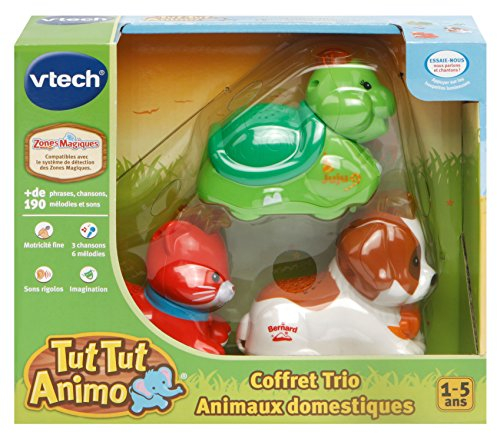 VTech - Tut Tut Animo, Coffret Trio Domestique, 3 Animaux Roulants Interactifs, Chat, Tortue Et Chien De Montagne, Jouet Musical Et Sonore, Cadeau Enfant De 1 An À 5 Ans - Contenu En Français
