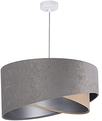 Licht-Erlebnisse Pendelleuchte Stoff Lampenschirm Grau Beige Velours Optik innen in Silber Ø50cm Schlafzimmer Hängelampe