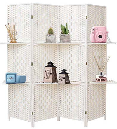 INMOZATA Room Divider with Shelves, 4 Panel Wicker Room Divider Free Standing, Folding Screens and Room Dividers Screen Privacy Panel for Office Bedroom Restaurant, 160 * 170cm (White)