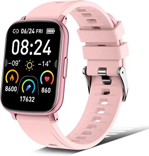 Rinsmola Smartwatch, Damen Herren Fitnessuhr 1.69” Touchscreen Smart Watch Fitness Tracker Schrittzähler Pulsuhr, Armbanduhr Sportuhr Schlafmonitor, Kamera Controller, Stoppuhr für Android iOS-Rosa