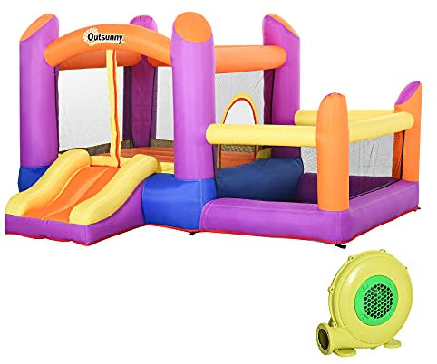 Outsunny Château de Jardin Gonflable pour Enfants, Parc Aquatique Gonflable avec Toboggan, Trampoline et Piscine, Multicolore, 280x 250x170cm