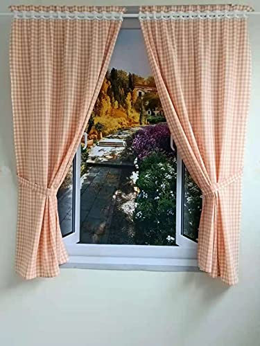 Yaland Vorhänge mit Karo-Muster Landhausstil Gardinen Karo-größe 1x1cm Wohnzimmer Gardinenschals mit Raffhalter (HxB 140x100cm, orange) 2 Stück
