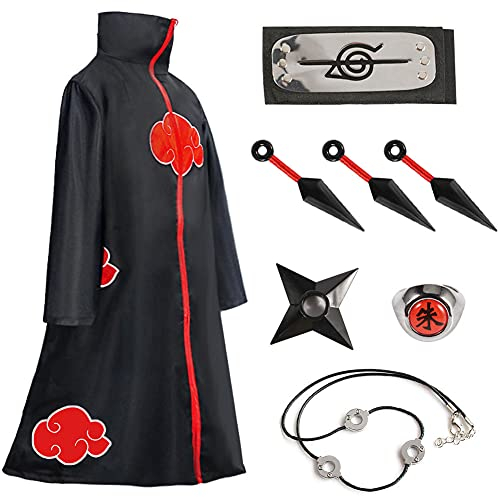 Amycute Costume Akatsuki Itachi Cape Cosplay Deguisement Akatsuki Uchiha Itachi Bandeau Bague Collier Ninja Accessoires Anime Carnaval Halloween Noël pour Adulte Enfant (XXXL)