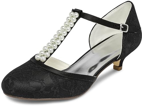JIAJIA 01129 Women's Bridal Shoes Closed Toe T-Strap 1.8'' Low Heel Lace Satin Pumps Imitation Wedding Shoes