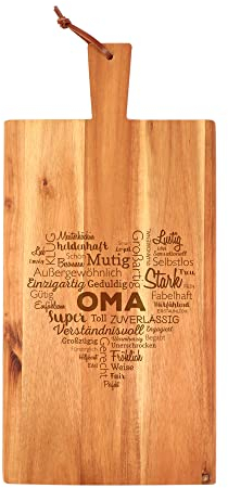 Holz Schneidebrett mit Griff für Oma, Frühstücksbrettchen mit Wortherz Gravur, Geschenk für Oma zu Weihnachten, Geburtstagsgeschenk für Frauen, Akazienholz Vesperbrett, Brotzeitbrett Küchenzubehör
