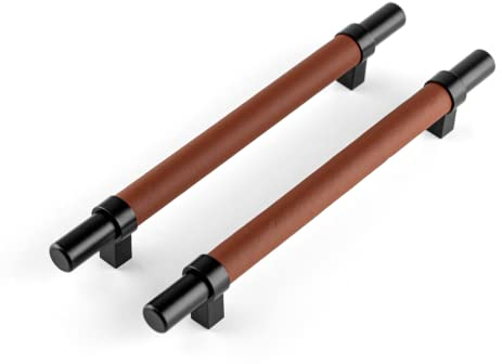 Brute Strength - Tiradores para muebles - Acero y piel de grano completo - Negro y marrón - 4 unidades - 200 mm - 160 mm - Tirador de puerta para cocina, baño, armarios, aparador, madera
