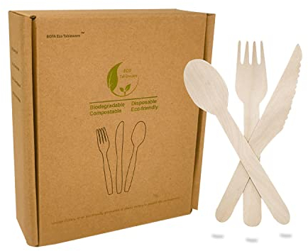 Lot de 150 Couverts en Bois Jetables,50 Couteaux, 50 Fourchettes & 50 Cuillères en Kraft Box, Écologique & Compostable Couverts en Bois pour Camping, Fêtes, Anniversaires,