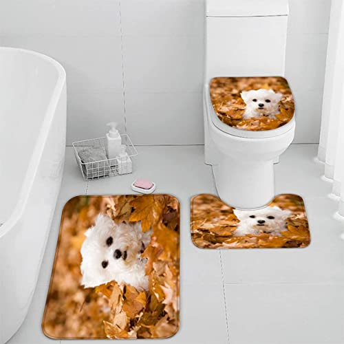 TiaoTian Badematten Set 3 teilig 50x80 Hund Blätter 3D Badezimmerteppich Set WC Vorleger Set rutschfeste Badematte Maschinenwaschbar Badteppich Set für Badezimmer badvorleger Herbst Wald