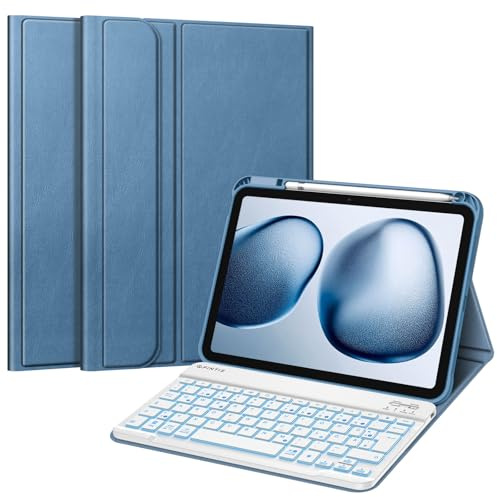 Fintie Hülle mit Tastatur für iPad A16 11 Generation/10 Gen (11/10.9 Zoll) | 7-farbige Hintergrundbeleuchtung, Magnetisch abnehmbare, deutsche Bluetooth-Tastatur Hülle mit Stifthalter, Dunstblau
