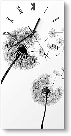 DEQORI Glasuhr | horizontal 30x60 cm | Motiv Schwarze Pusteblumen | große XXL Design Uhr aus Glas | leise Wanduhr für Wohnzimmer & Küche | Moderne Hingucker Uhr für die Wand