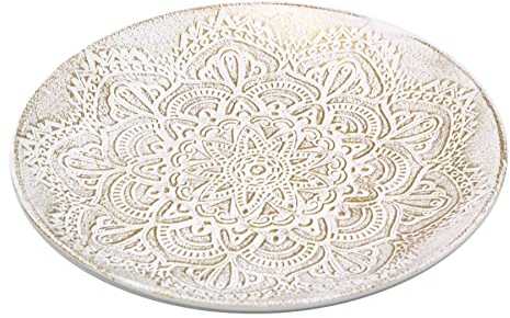 White & Gold Mandala Flower Round Serving Tray | Boho Antique Style Wooden Coffee Table Display | Decorative Dish - 30cm