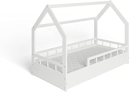 ms factory Hausbett mit Matratze Kinderbett 80x160 cm mit Rausfallschutz und Lattenrost - Einzelbett aus Kiefernholz für Mädchen und Junge - Weiß