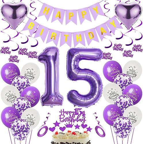 Luftballons 15. Geburtstag Dekoration Lila - Folienballon 15 Jahre - Mädchen Deko - Tortendeko