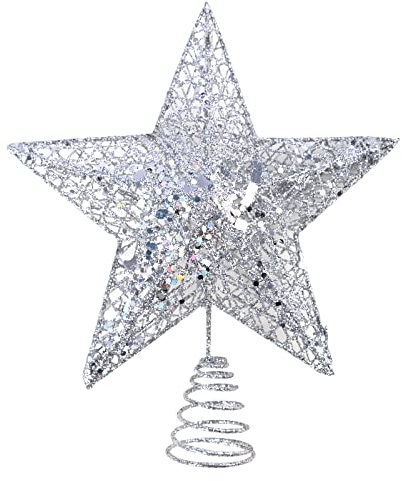 AWCIGG Christbaumspitze Silber Tannenbaum Spitze Weihnachtsbaum Glitzernde Weihnachtsbaumspitze Christbaum Stern Metall Weihnachtsspitze Tannenbaumspitze 25 cm Weihnachtsstern Baumspitze