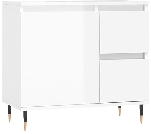 vidaXL Badezimmerschrank, Waschbeckenunterschrank mit viel Stauraum, Badschrank mit Eisenbeinen, Bad Unterschrank Waschbeckenschrank Badmöbel, Hochglanz Weiß Holzwerkstoff