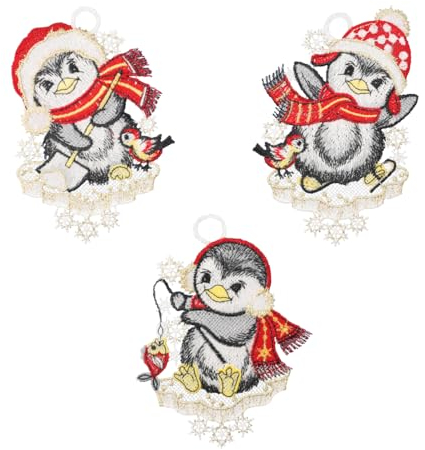 Plauener Spitze Fensterbild Pinguinbande 3er-Set, rot, je 12 x 16 cm, Plauener Spitze Fensterdeko Fensterschmuck Bilder Handarbeit Deko Fenster