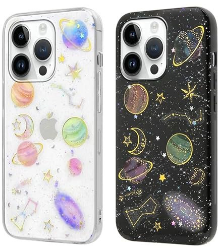 Foonary 2 Pezzi Cover per Apple iPhone 15 Pro 6,1, Custodia Universo Planet per Telefono in Trasparente con Aesthetic Disegn, Custodie per Cellulare Silicone Antiurto per iPhone 15 Pro Case