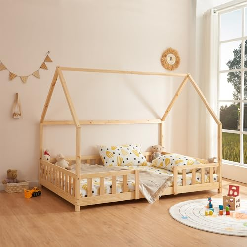 [en.casa] Kinderbett Sisimiut Hausbett Montessori 120 x 200 cm mit Rausfallschutz Holzbett für Kinder Bodenbett Lattenrost Kiefernholz Holzfarben