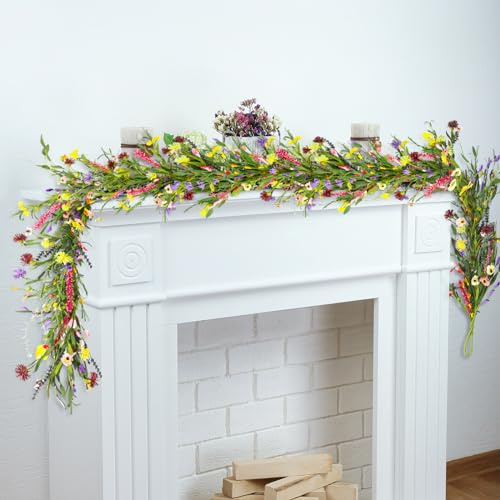 Hotop 6 ft Artificial Wildflower Garland, Daisy and Lavender Faux Floral Vine Summer Spring Floral Fake Garland for Baby Shower Wedding Mantle Table Centerpiece Decor(1 Pcs)