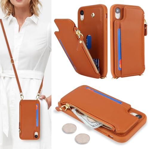 SailorTech for iPhone XR Phone Case with Credit Card Holder for Women, iPhone XR Leather Case Wallet Crossbody with Credit Card Slots Zipper Shockproof Case for Men - Brown