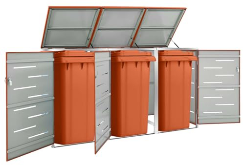 ARKEM Garden Wheelie Bin Hideaway Waste Bin,Storage Shed w/Locking Doors Assisted lift up Lid easy use Outdoor Hygienic Dustbin Unit Cover Steel with Doors,Triple Wheelie Bin Shed 207x77.5x112.5 cm St