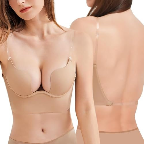 ZUKULIFE Reggiseni da donna a schiena bassa con spalline trasparenti Deep V Push Up Reggiseno a taglio basso Multiway Convertibile Reggiseno Aggiungi Coppa, Nude, 3 B (Taglia Produttore: 34B)