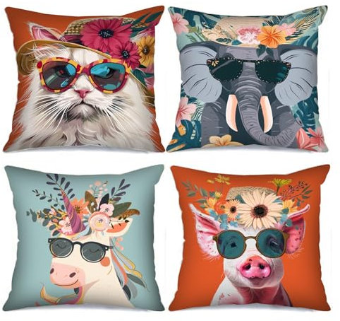 Tucocoo Lot de 4 housses de coussin décoratives en forme de cochon de chat avec lunettes de soleil - 45,7 x 45,7 cm - Licorne et éléphant portant un chapeau de paille - Pour canapé, salon, cadeau
