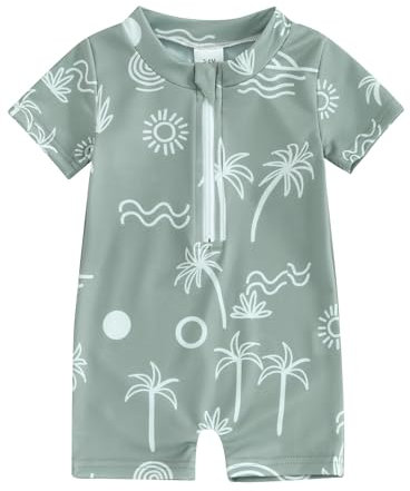 HodJIU Maillot de Bain Bébé Garçon Anti-UV Imprimé Dinosaure à Manches Courtes Costume de Bain Piscine Plage Surf (Vert Motif, 6-12 Months)