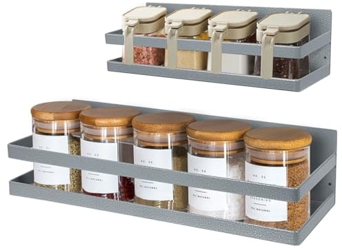 Uten Magnetic Spice Rack, 2 Pack Strong Magnetic Shelf, Wall Mountedr Spice Rack Without Drilling, for Cabinet Refrigerator Space Saving Kitchen Organization, Gray Texture