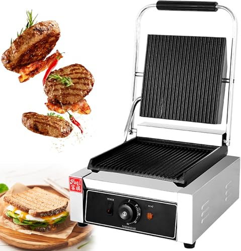RUYICZB Commercial Panini Press Grill Cast Iron Surface Sandwich Maker for Restaurant Home Kitchen, Stainless Steel Panini Press Electric with Adjustable Temperature Settings,811