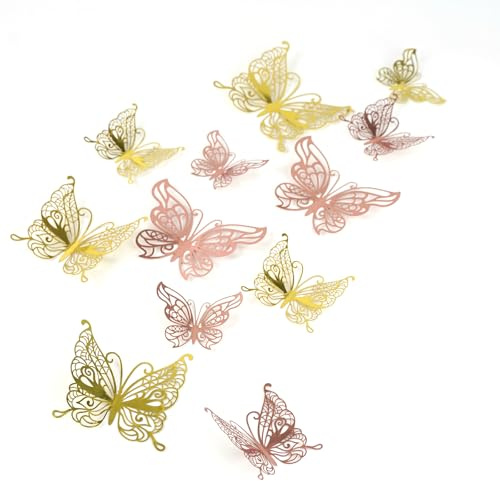 48 Stück 3D Schmetterling Wandaufkleber Wandtattoo Schlafzimmer Schmetterlinge Deko Wandsticker Wand Dekoration 3D Schmetterlinge 3D Wanddeko Deko Wand Gold und Roségold