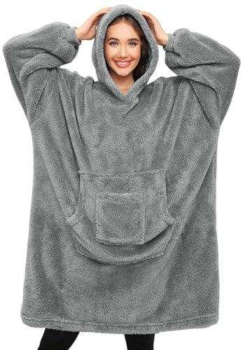 Tuopuda Felpa Donna Coperta con Maniche Felpe Plaid con Cappuccio Oversize Coperta Indossabile in Pile Pullover Blanket Hoodie Sherpa Fleece Felpa Gigante con Cappotto Pigiama, Grigio Chiaro-Grandi