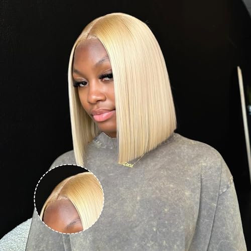EINbeauty 9x6 Kurz Bob Perücke - Gluelose Wig aus Menschenhaar - Vorbeschnittene Lace Perücke für Schwarze Frauen - 200% Dichte - Gerade Bob Wig (10inch, 613#)