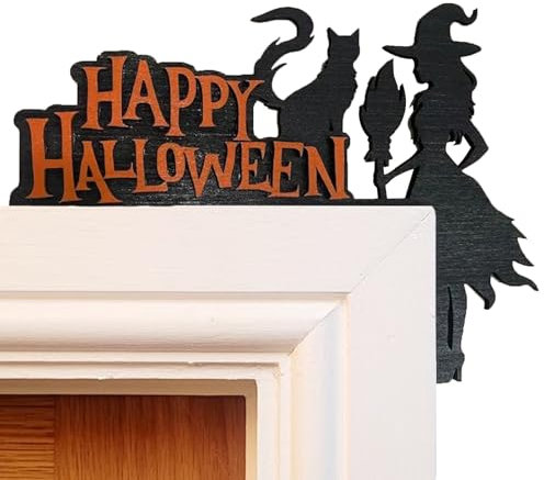 Placa para puerta de Halloween, decoración de puerta de Halloween, decoración de Halloween, fantasma, bruja, telaraña, marco de madera, decoración de esquina para ventana de puerta