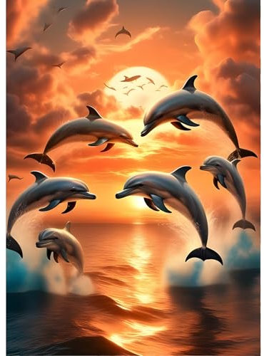 QINRUBB Delphin Diamond Painting Erwachsene, 5D Sonnenuntergang Diamant Painting Bilder Anfänger, DIY Meer Runder Vollbohrer Diamanten Malerei Stickerei Kreuzstich Geschenke Home Wand Dekor 30x40cm
