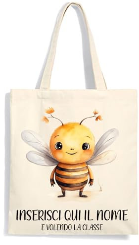 Mr. Gadgets Shopper für den Kindergarten, personalisierbar mit Namen, 100 % Baumwolle, wiederverwendbar, mit Griffen, Länge 67 cm, Maße 38 x 42 cm, biene